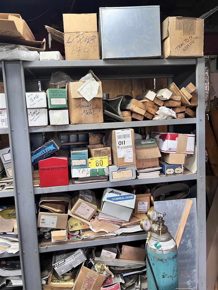 LOT OF 6-KEY MACHINES & CONTENTS ON AND UNDER BENCH, SKELTON KEY BOARD, CONTENTS ON SHELVING
