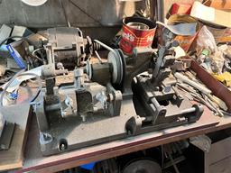 LOT OF 6-KEY MACHINES & CONTENTS ON AND UNDER BENCH, SKELTON KEY BOARD, CONTENTS ON SHELVING