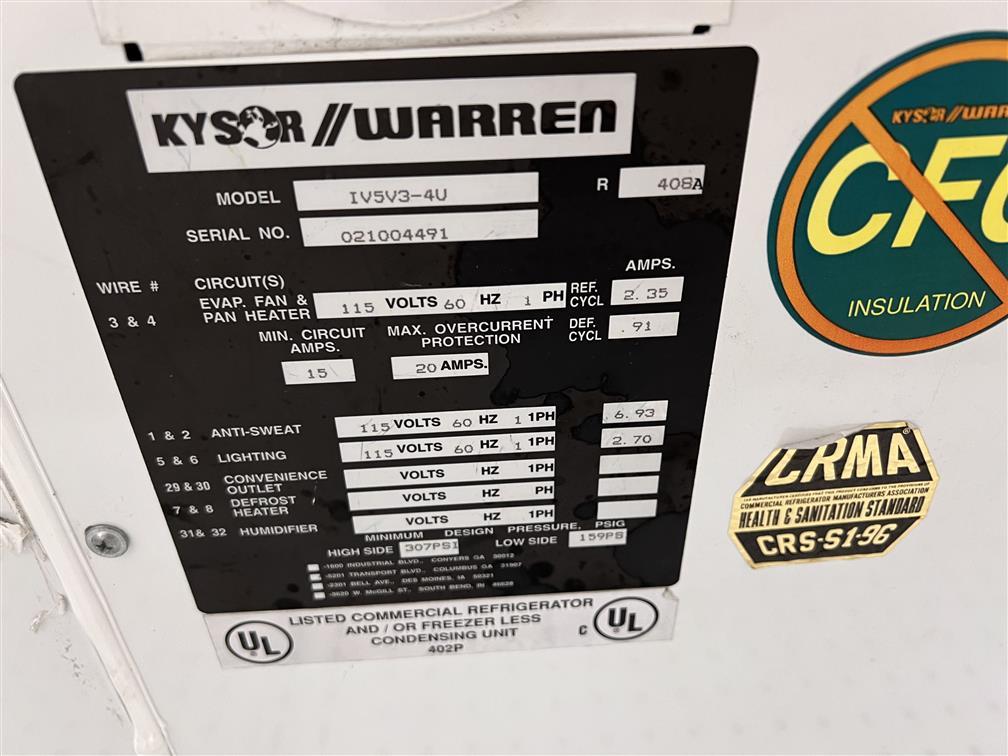 KYSOR-WARREN MODEL IV5V3-4U, 8-FREEZER DOORS, (4', 4') NO COMPRESSOR