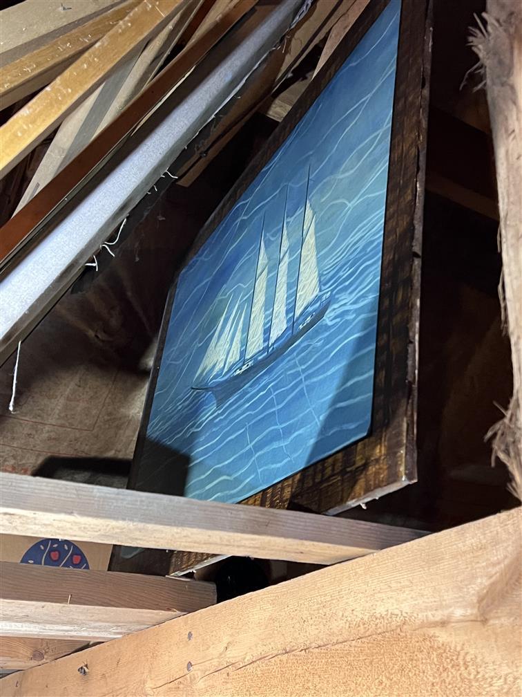 LOT OF ASSORTED PAINTINGS, FRAMING HARDWARE, BLANK CANVASES
