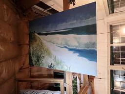 LOT OF ASSORTED PAINTINGS, FRAMING HARDWARE, BLANK CANVASES