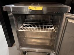 KENNECO MODEL STKUFZ27 S/S UNDER COUNTER REFRIGERATOR, S/N: 604099425, ON CASTERS