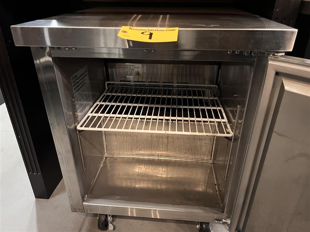 KENNECO MODEL STKUFZ27 S/S UNDER COUNTER REFRIGERATOR, S/N: 604099425, ON CASTERS