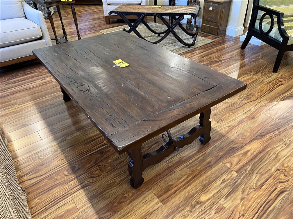 58" X 35" RUSTIC COFFEE TABLE, IRON BRACING