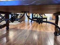 58" X 35" RUSTIC COFFEE TABLE, IRON BRACING