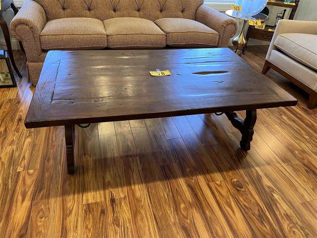 58" X 35" RUSTIC COFFEE TABLE, IRON BRACING