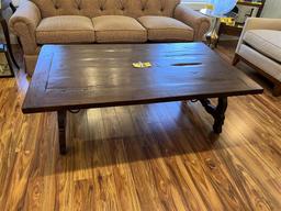 58" X 35" RUSTIC COFFEE TABLE, IRON BRACING