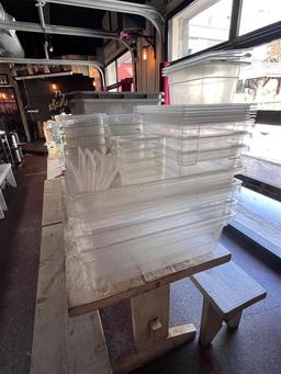 LOT: 21-ASSORTED PLASTIC STORAGE BINS W/ 15-ASSORTED LIDS