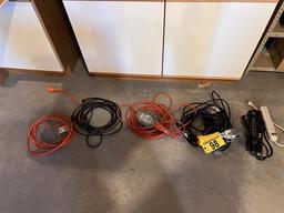 LOT: 2-EXTENSION CORDS, 2-TROUBLE LIGHTS, 2-POWER STRIPS