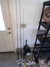 FISHING LOT: 4-TIER TACKLE BOX, 3-FISHING POLES, OPEN-FACE & CLOSE-FACE RODS