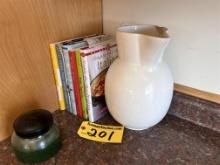 LOT: ASSORTED COOK BOOKS, LARGE CERAMIC PITCHER (CRACKED), CERAMIC CANDY DISH