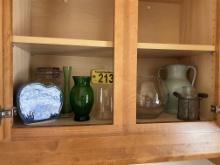 CONTENTS OF CABINET: 8-PC ASSORTED GLASSWARE, VASES, MASON JAR W/ LID