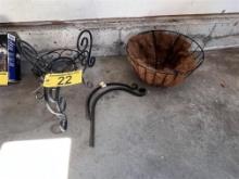 LOT: PLANTER POT STAND, HANGING PLANT BASKET & HOOKS