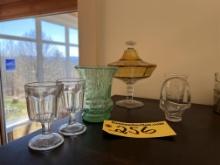LOT: 6-PC ASSORTED GLASSWARE, CANDY DISH, CORDIALS