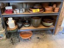 LOT: APPROXIMATELY 45-ASSORTED PLANT POTS & PLANT STANDS ON 2-SHELVES
