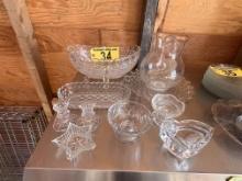 LOT: 10-PIECES OF GLASSWARE, SERVING DISH, PLATES, PITCHER, CANDLE HOLDERS