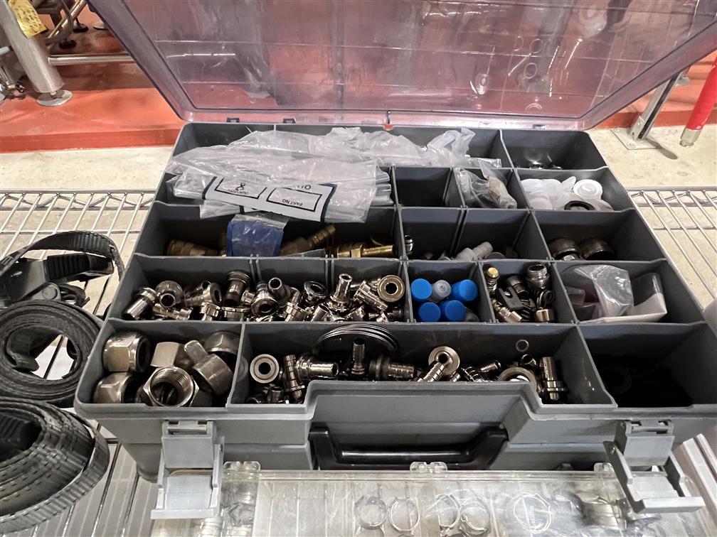 LOT OF S/S BREWING HARDWARE, HOSE CLAMPS, PARTS ORGANIZERS & CONTENTS