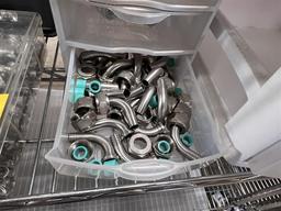 LOT OF S/S BREWING HARDWARE, HOSE CLAMPS, PARTS ORGANIZERS & CONTENTS