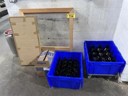 LOT: 2-STORAGE TOTES, 32oz. BROWN GLASS GROWLERS, PLEXIGLAS SNEEZE GUARDS
