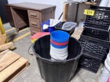 CONTENTS IN CORNER: PLASTIC BUCKETS, 2-DRAWER FILE, DESK, MISC.