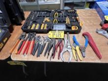 MISC. TOOL LOT: PLIERS, CHANNEL LOCKS, HAND TOOLS, DEKO TOOL KIT