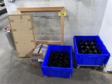 LOT: 2-STORAGE TOTES, 32oz. BROWN GLASS GROWLERS, PLEXIGLAS SNEEZE GUARDS