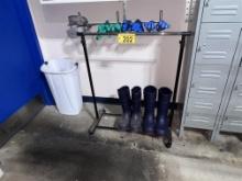 LOT: GARMENT RACK, 2-PAIRS LADIES SIZE 11 RUBBER BOOTS, 3-PAIRS RUBBER GLOVES, DRYING RACK