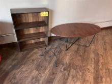 LOT: BOOKSHELF, 4' OVAL COFFEE TABLE, PLANT POT STAND