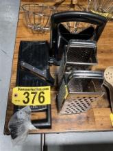 LOT: MANDOLIN SLICER, BAGEL SLICER, 2-CHEESE GRADERS