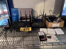 LOT OF ASSORTED ROUTERS, COMPUTER CABLING, MISC. ELECTRONICS