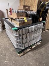 PALLET LOT OF ALUMINUM 16oz. CANS, PARTIAL SLEEVE OF LIDS, ASSORTED CAPS, CARDBOARD CARRIERS