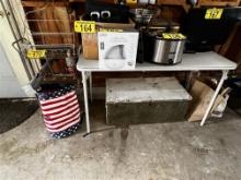 LOT OF MISC. HOUSEHOLD ITEMS, FOLDING TABLE, STORAGE BOX