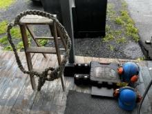 LOT: TIRE CHOCKS, ASSORTED TOOLS, WOODEN STEP LADDER, TOW ROPE, FORESTRY HELMETS