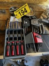 MISC. TOOL LOT: ALLEN WRENCH SETS, PUNCHES, PICK TOOLS, PARTS TRAYS