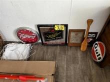 MISC. SIGN LOT: 2-GULF, MILLER LITE MIRROR, BUDWEISER CLOCK, MISC. BANNERS