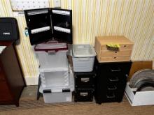 LOT OF ASSORTED FILING & STORAGE TOTES, BANKER BOXES, KEY BOX