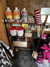 WIRE STORAGE RACK & CONTENTS: WASHER FLUID, TICK REMOVERS, BUCKETS, SHOT GLASSES, GRILLING TOOLS