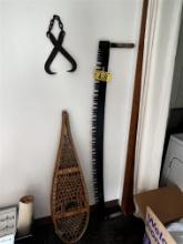 LOT OF VINTAGE COLLECTIBLES: SNOW SHOES, CROSS CUT SAW, ICE TONGS