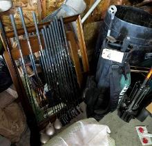 LOT: TOP ELITE GOLF BAG, SET OF TSI IRONS & WOODS, CART CADDY