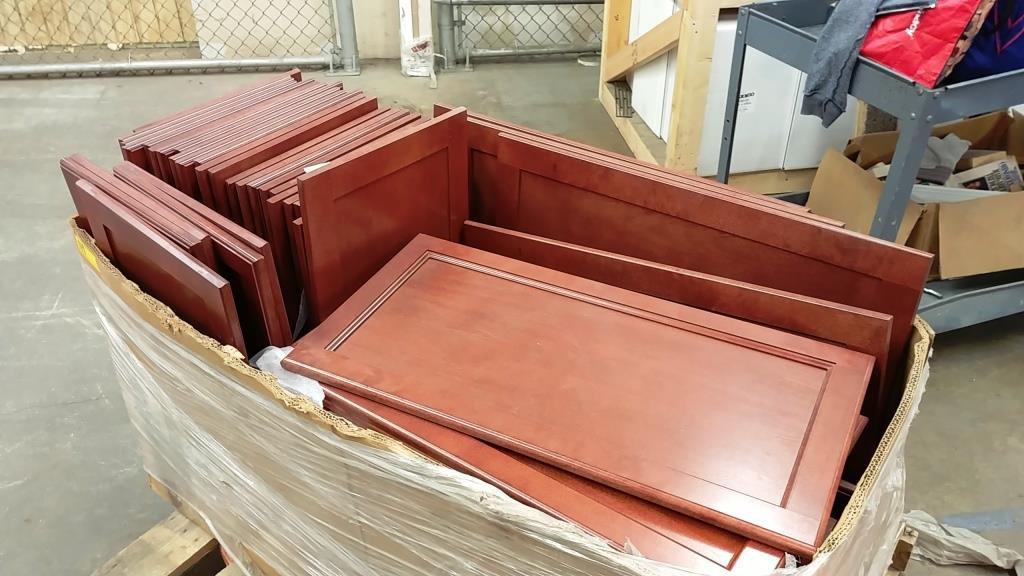 LOT OF 75 CHERRY WOOD COLOR CABINET DOORS