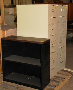 2 BEIGE METAL FILE CABINETS AND METAL BOOKSHELF