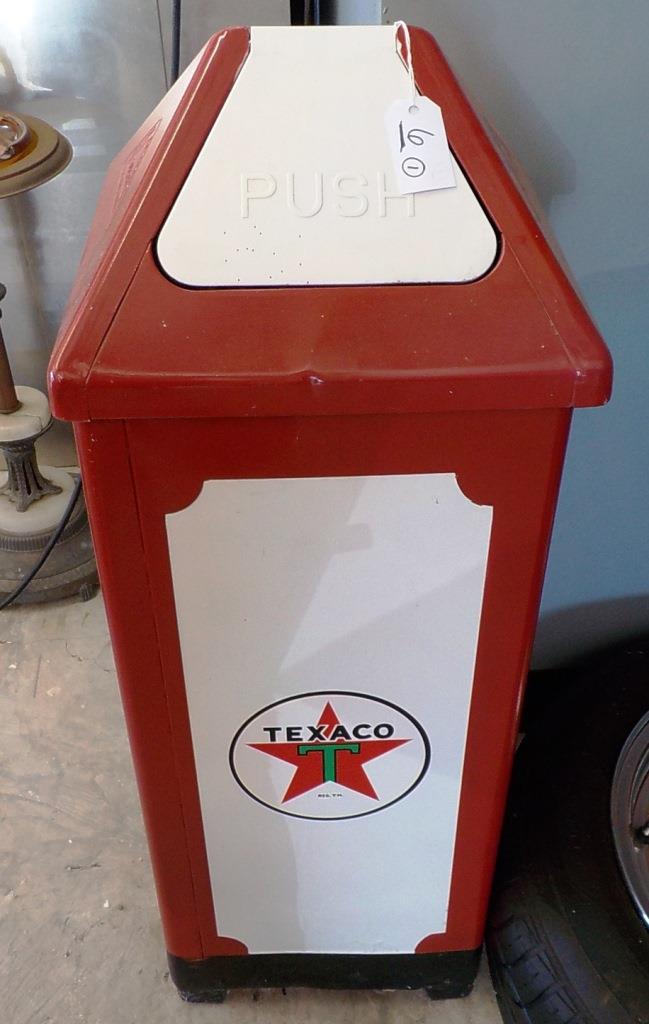 METAL TEXACO TRASH CAN WITH SWINGING DOOR UP TOP