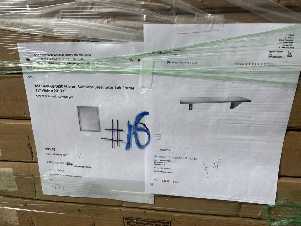 Lot of 17 NEW 16X20 SS Mirrors and 4-6" SS Shelfs
