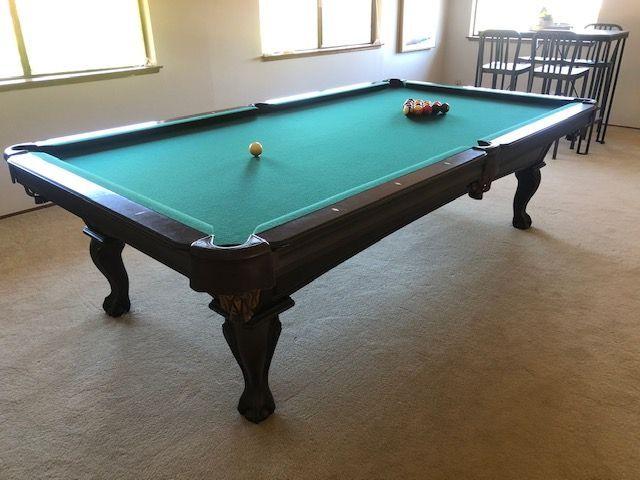 Olhausen pool table with accessories, approximately 6 ft x 9 ft