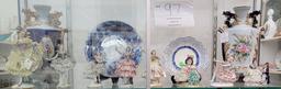 Two porcelain vases, two small plates, eight Dresden figurines