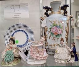 Two porcelain vases, two small plates, eight Dresden figurines