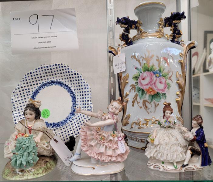 Two porcelain vases, two small plates, eight Dresden figurines