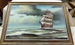 Signed Oil On Canvas Sailing Ship In Frame