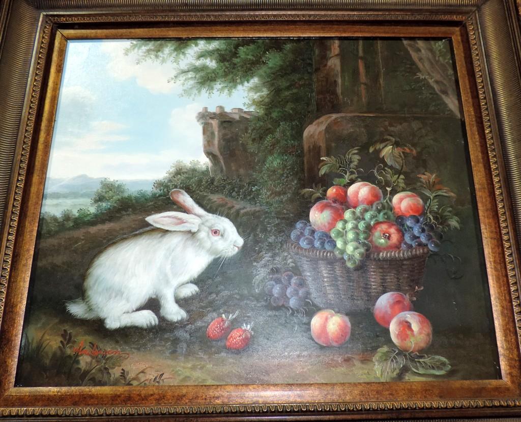 Oil On Canvas Of White Rabbit With Basket Full Of Fruit