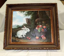 Oil On Canvas Of White Rabbit With Basket Full Of Fruit